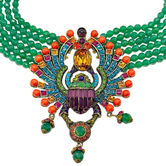 Heidi Daus Far Cry From Shy 6 Strand Green & Coral Bead Crystal Scarab Necklace - Picture 6 of 12